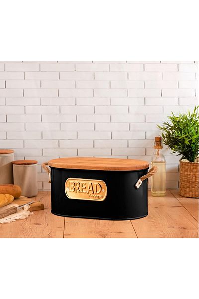 STOREMAX Bystoreby Galvaniz Cutting Board Bread Bowl, Luxury Metal Bread Box with Wooden Lid Black Newdesing