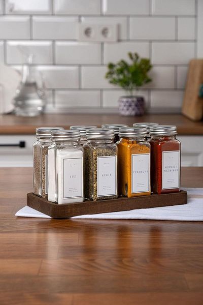 STOREMAX Bystoreby Glass Spice Rack Set with Wooden Stand, Silver Lid, White Label Spice Rack Set