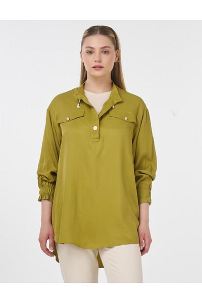 Kayra Stand Collar Tunic with Flap Pocket Khaki