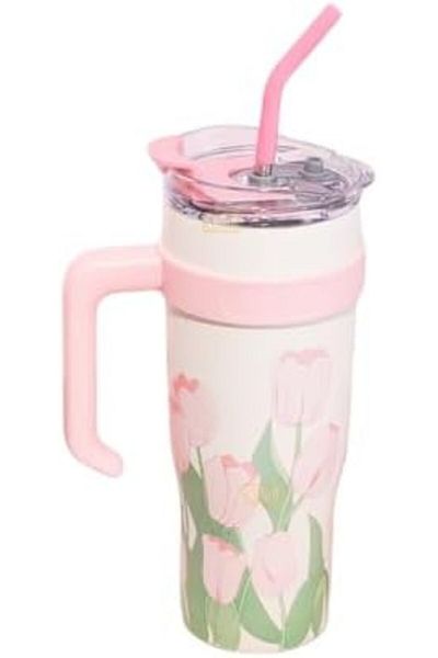 STOREMAX Jvnnastore Diller 1200ml Pink Tulip Pattern Tumbler with Straw/Without Straw Stainless Steel Thermos with Handle