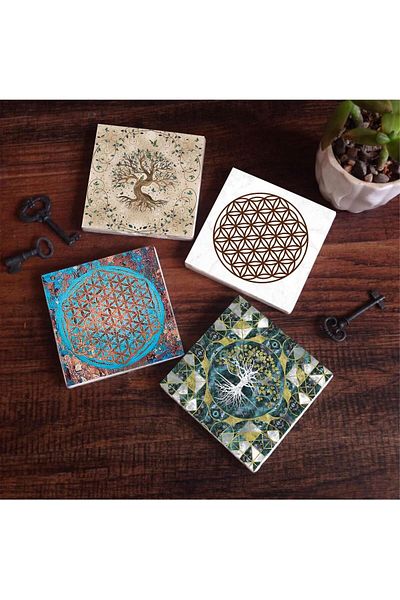 STOREMAX Cmllashop Flower of Life, Tree of Life Stone Coaster Set - 4 Pieces - Decorative, Rustic