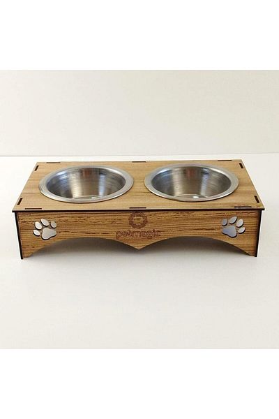 STOREMAX Magic 2-Piece Food Bowl Double Wooden - Steel Bowl Pine Color