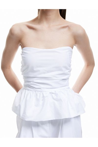 Koton Strapless Neck Flounce Cotton Crop Blouse