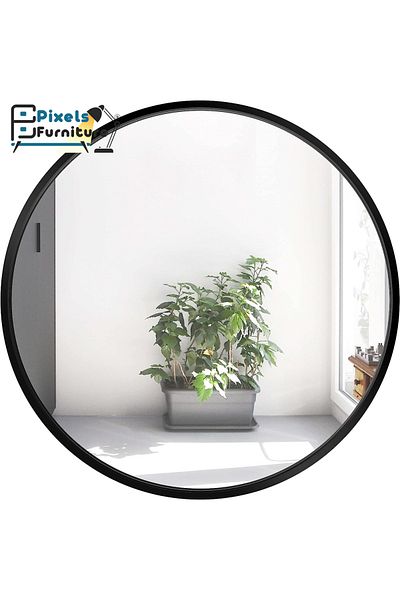 PixelsFurniture Pixel Furniture Round Wall Mirror with Aluminum Metal Frame, Black