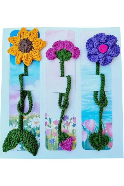 STOREMAX Lvnmblya Set of 3 Hand Knitted Flower Bookmarks - Handmade Eye Nuru Sunflower, Pink and m