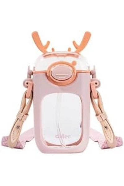STOREMAX Sellbuystore Tritan Children's Water Bottle with Strap 400ml with Straw and Animal Ears (Powder)