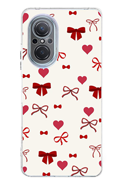 TechTree Huawei Nova 9 Se Uyumlu Bordo Kalp ve Fiyonklar Şeffaf Silikon Kılıf