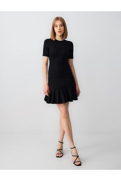 Jimmy Key Black Short Sleeve Knitted Mini Dress with Pearl Detail on the Neck