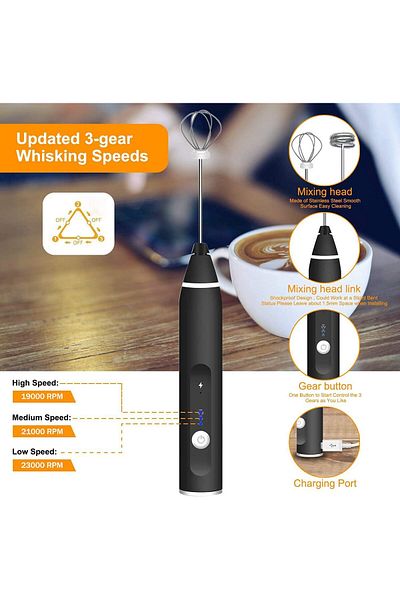 COOYA 2-in-1 Rechargeable Milk Frother, 3 Speeds Handheld, 2 Whisks, for Coffee Matcha Latte Egg