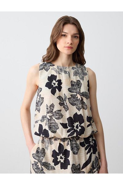 Jimmy Key Beige Halterneck Sleeveless Backless Floral Print Woven Blouse