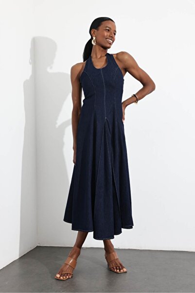 5in1Canpolat Rins Washed Drawstring Halter Denim Dress