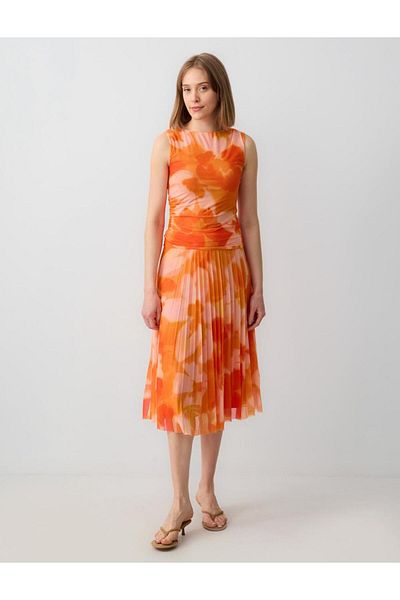 Jimmy Key Orange Normal Waist Pleated Floral Patterned Mesh Knitted Midi Skirt