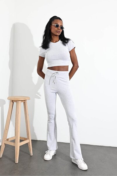 5in1Canpolat Gray Melange Basic Tshirt Spanish Leg Sweatpants Set 251019