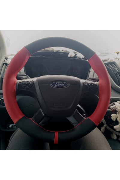 HASBAY DİKİŞLİ DİREKSİYON KILIFI SİYAH DERİ KIRMIZI DERİ KIRMIZI YÜZÜK / DİKİ...