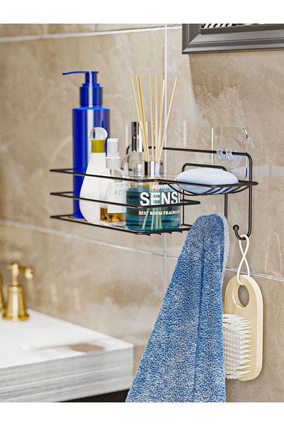 SUNTEL BANYO MUTFAK AKSESUARLARI Μαύρο ματ αυτοκόλλητο ράφι μπάνιου με γάντζο - Organizer μπάνιου με σαπουνάδα