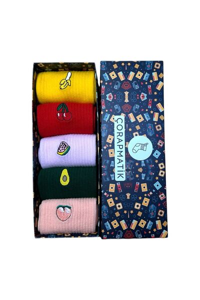 çorapmatik 5'li Özel Tasarım Kutulu %100 Pamuklu Meyve Desenli Renkli Nakışlı...