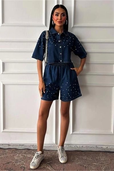 Butik Stone Detailed Shirt Shorts Denim Suit 10175 - L - Denim