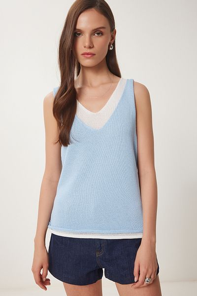 Lovelyİstanbul Bluză de tricotaj de bază dublă cu atlet SKY BLUE BONE LKI0030