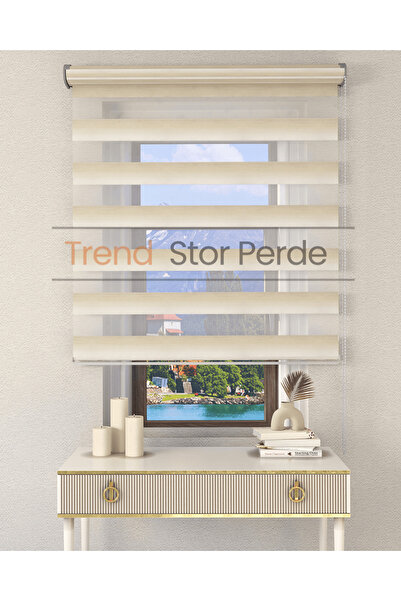 TREND STOR PERDE Krem Beyaz Geçişli Etek Dilimsiz Zebra Stor Güneşlik Perde