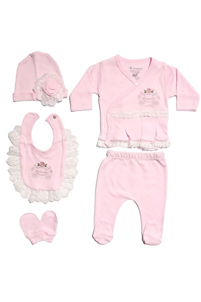 bebegen Pink Flower Embroidered Baby Girl 5 Piece Hospital Discharge Set