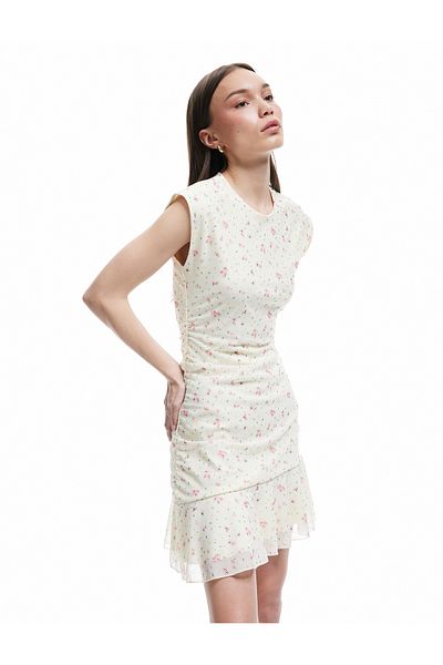 Koton Rochie mini asimetrică florală din tul fără mâneci cu decolteu