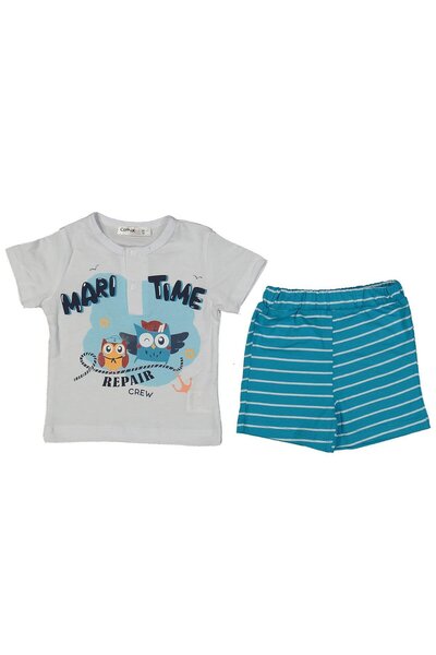 bebegen White Blue Owl Printed Striped Baby Boy Shorts Set