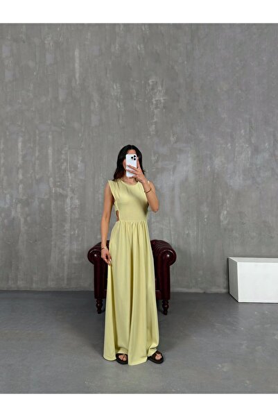 Gaus Sarı Yan Dekolteli Keten Elbise Gaus00255