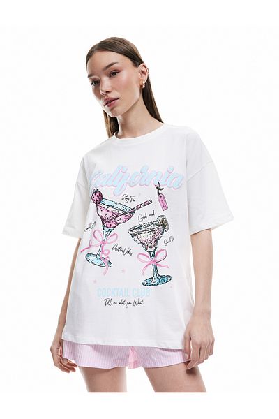 Koton Short Sleeve Crew Neck Cotton Bow Fruit Printed Oversize T-Shirt
