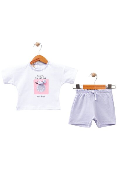 bebegen طقم شورت مطبوع باللون الأبيض ليلك للفتيات الصغيرات - طقم مكون من قطعتين