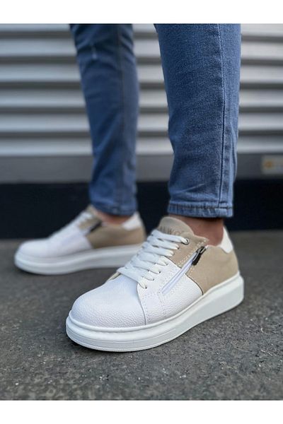 TB Terzi Bey Tb155 Warrior Lace-Up and Zippered Skin Suede Men's Casual Sneaker Shoes Csbt - White/Cream