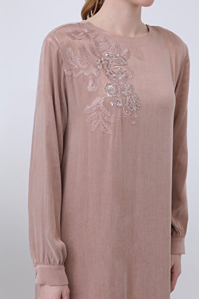 Puane Kadın Önü Nakışlı Ve İşlemeli Elbise - 12597ELB - Pudra