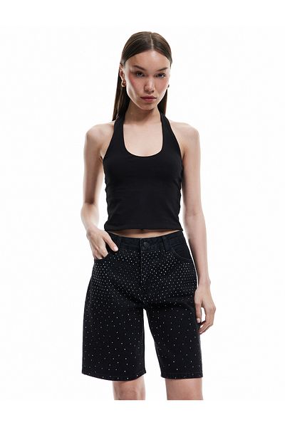 Koton Stone Detailed Pocketed Cotton Straight Fit Jean Capri Shorts