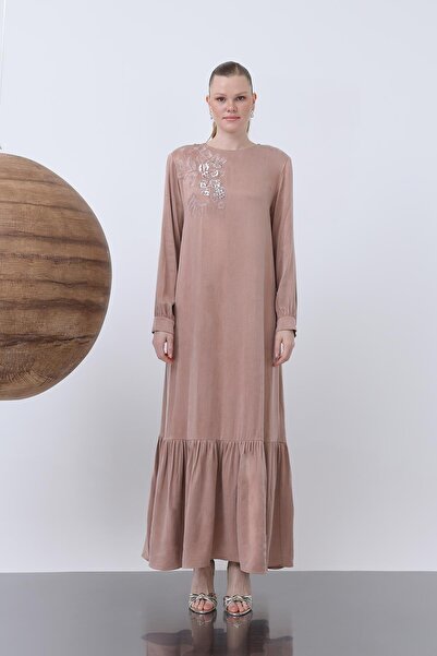 Puane Kadın Önü Nakışlı Ve İşlemeli Elbise - 12597ELB - Pudra