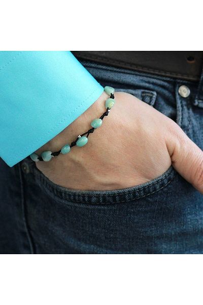 Tesbihane Macrame Braided Natural Cut Dorica Ball Detailed Amazonite Natural Stone Men's Bracelet