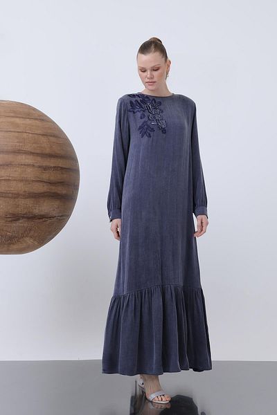 Puane Rochie de damă cu broderie și broderie în față - 12597ELB - NAVY