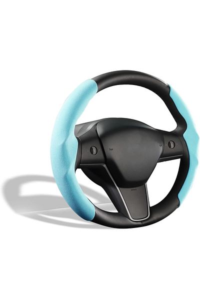 Aotoyou Husă volan pentru Tesla Model Y și 3 Aotoyou, piele întoarsă, albastru deschis