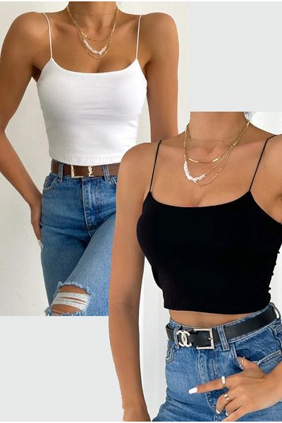 Bluză bustieră crop alb-negru - Set de două cu bretele de frânghie și căptușeală