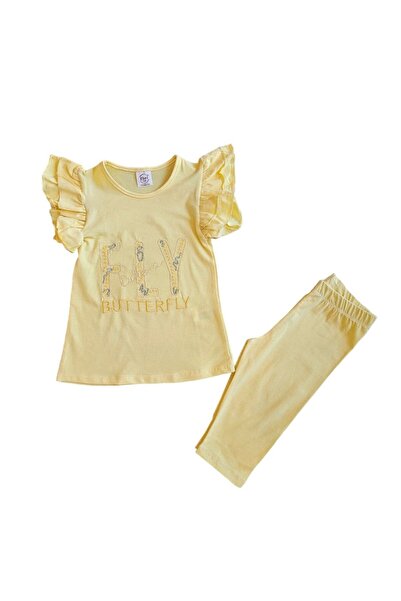 bebegen Kız Çocuk Sarı Butterfly Nakışlı Kolları Fırfırlı 2'li Takım