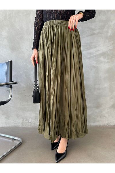 beymood Khaki Wrinkled Pocketless High Waist Women's Midi Skirt