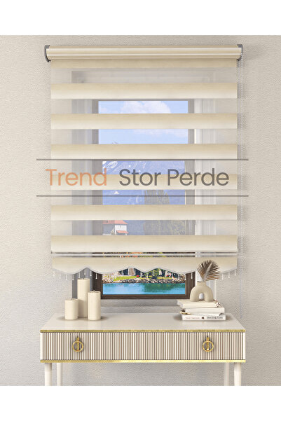 TREND STOR PERDE Krem Beyaz Geçişli Boncuklu Zebra Stor Güneşlik Perde