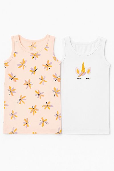 Katia&Bony Girl's Unicorn Patterned 2-Pack Undershirt White/Light Pink