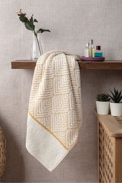 Sevim Geometric Patterned Floor Colorful Bamboo Hand Towel - 50X90 cm - Mustard