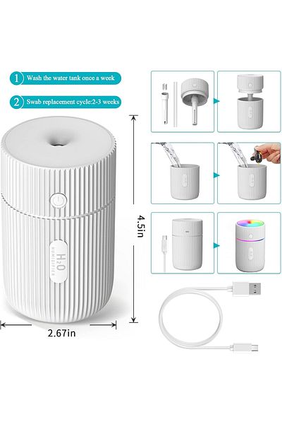 Kweey umidificator cu ultrasunete, LED, plastic, alb, 11,4 x 6,7 cm, 220 ml