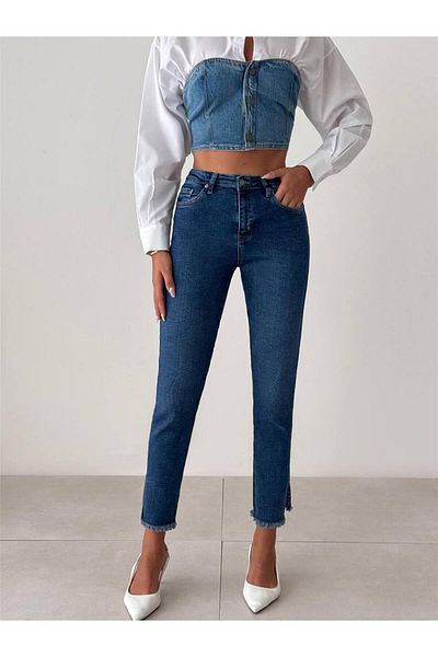 Coral Ripped Leg Detailed Denim Trousers Navy Blue