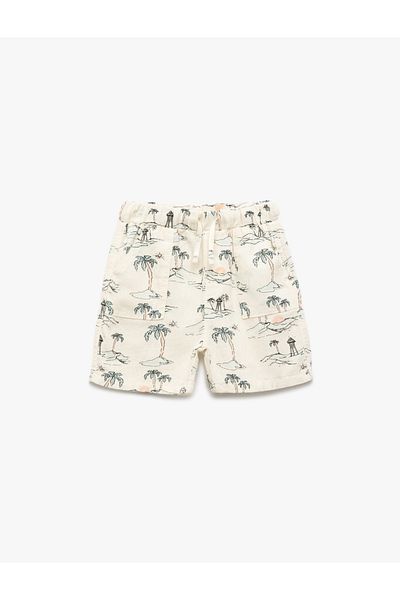 Koton Lace-Up Waist Viscose and Linen Blended Palm Pattern Shorts