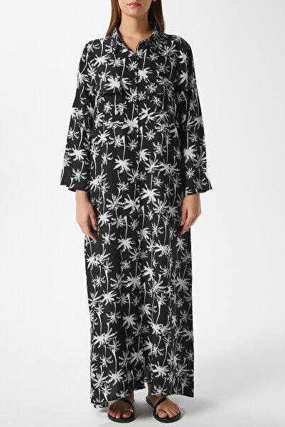 Ritnice Modest γυναικείο φόρεμα παραλίας 100% βισκόζη μαύρο εκρού με κουμπιά μπροστά