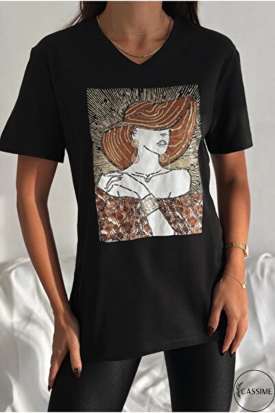 Cassime Women's Black Large Size Hat Women's Sequin Sequin Embroidered 100% Cotton T-Shirt Xl-2Xl-3Xl