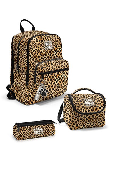 Coral High Set de 3 genți de școală maro cu model leopard SET0123681