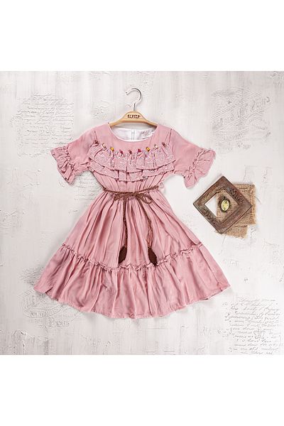 Elayza Wooden Beaded Waist Elasticized Short Sleeve Lined Girl's Dress - Viscosse Dress