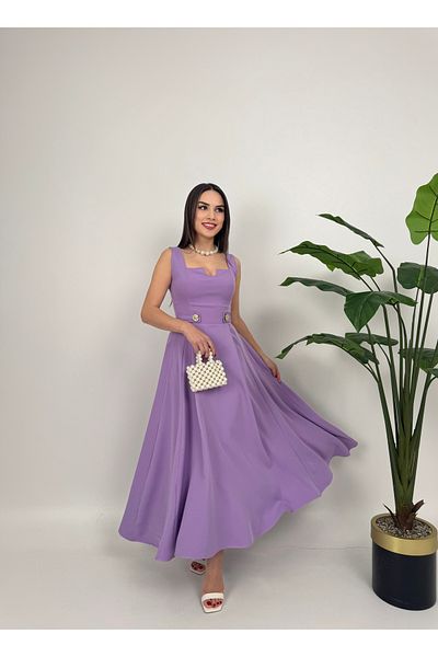 GİZONLY Elegant White Midi Dress – Square Neckline and Pearl Detail
